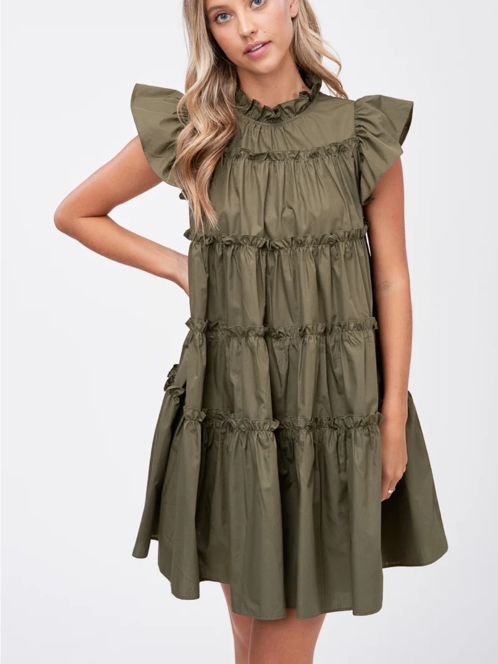 En Saison Khaki Poplin Tiered Mini Dress Size Medium